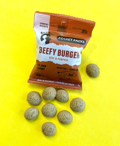 Beefy Burger Natural Dog Treats - Pocket Packs (5 Mini Packs)