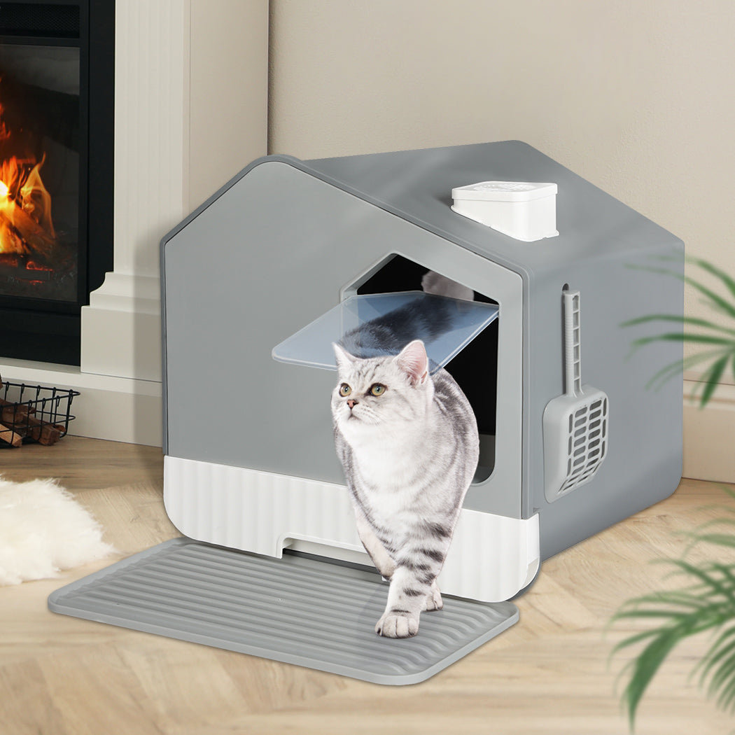 PaWz Fully Enclosed Cat Litter Box Mat Grey-1910112483536932870
