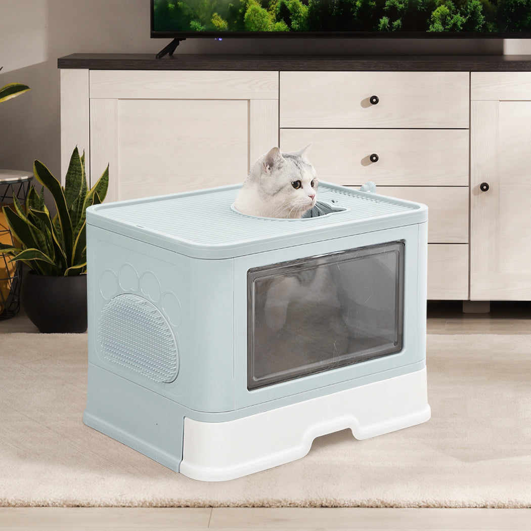 PaWz Foldable Cat Litter Box Tray Enclosed Blue-1910112469704118278