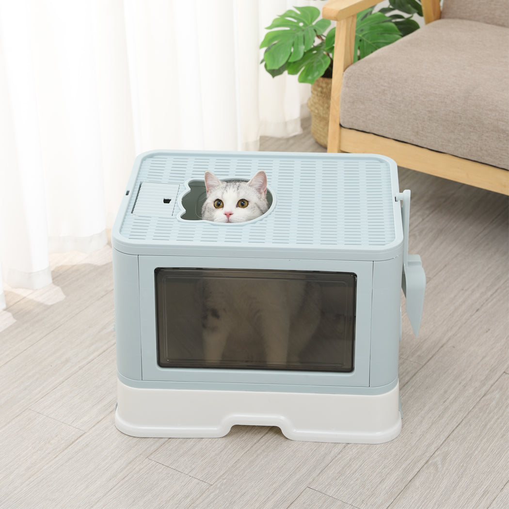 PaWz Foldable Cat Litter Box Tray Enclosed Blue-1910112469704118279