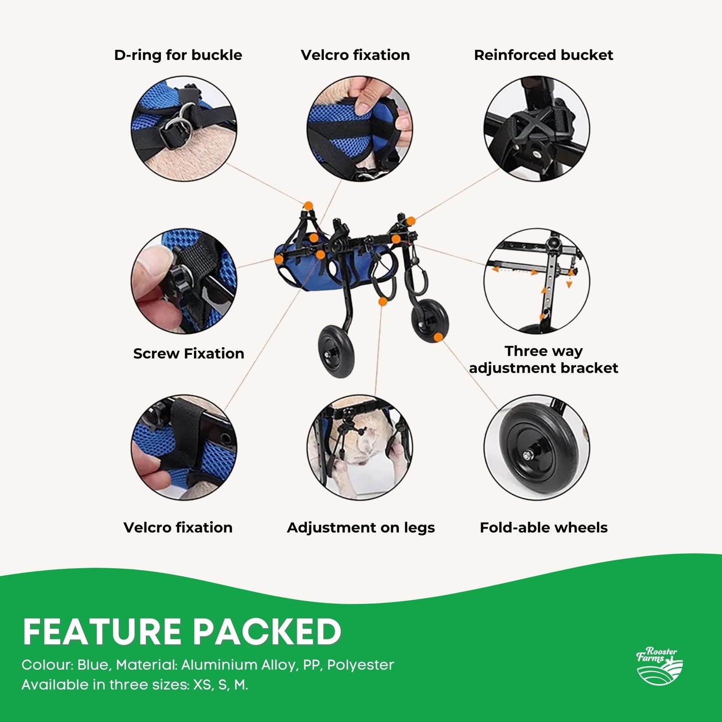 Rooster Farms Adjustable Small Dog Wheelchair - Back Leg Aid