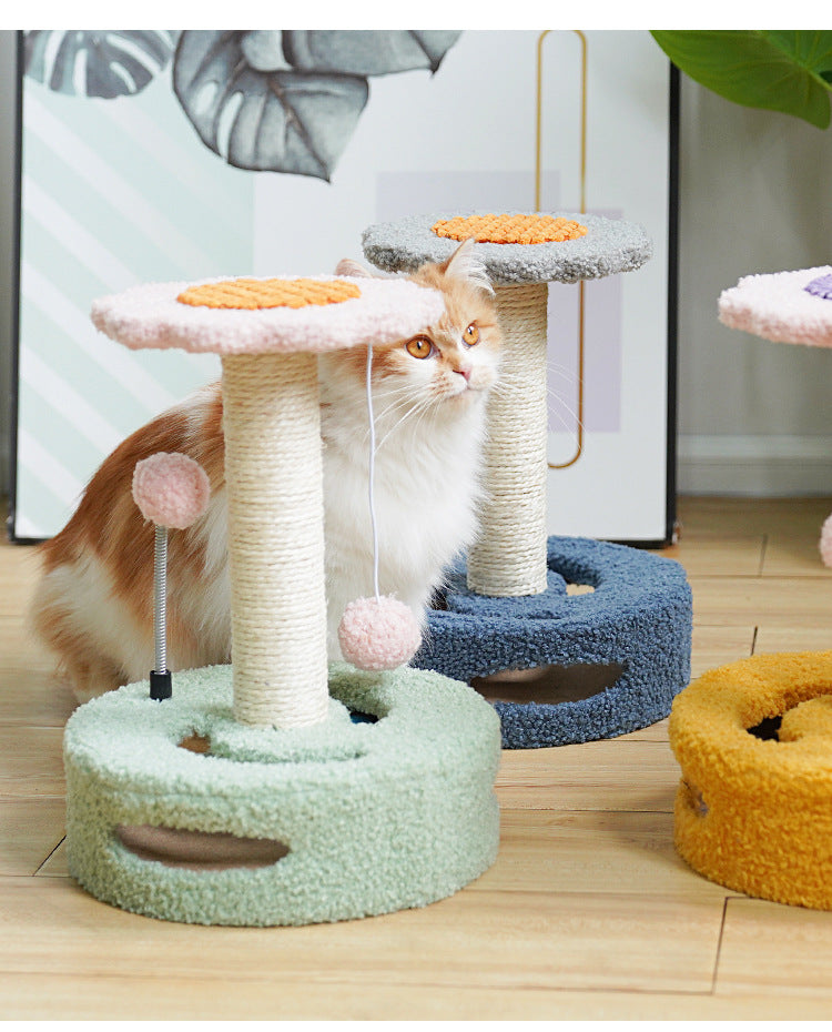 Blue And Pink Sunflower Cat Scratching Post - 35cm Sisal Cat Tree with Plush Toys for Small Cats