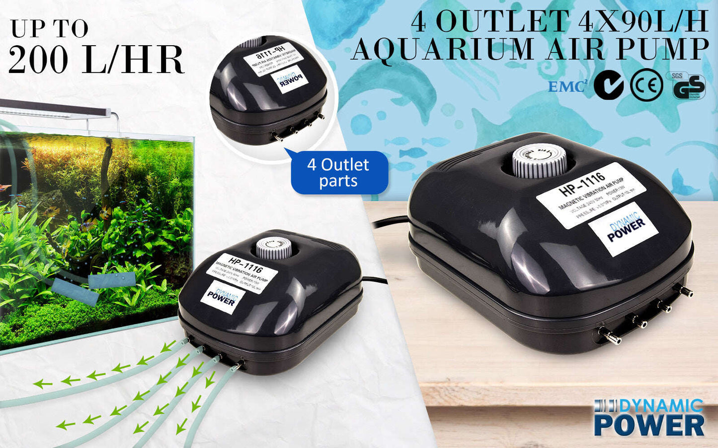 Dynamic Power 4 Outlet Aquarium Air Pump 360L/H Pet Savers