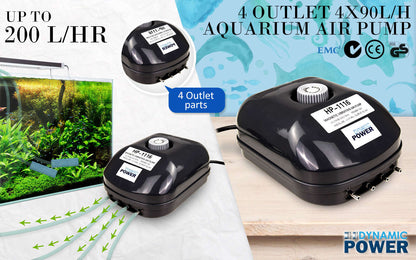 Dynamic Power 4 Outlet Aquarium Air Pump 360L/H Pet Savers