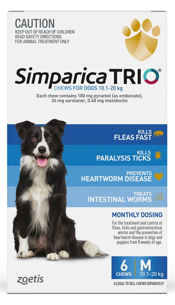 Simparica Trio Dog 10.1-20kg (Blue) 6 Pack