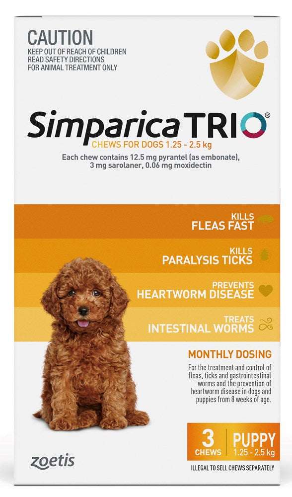 Simparica Trio Dog 1.3-2.5kg (Yellow) 3pk Pet Savers
