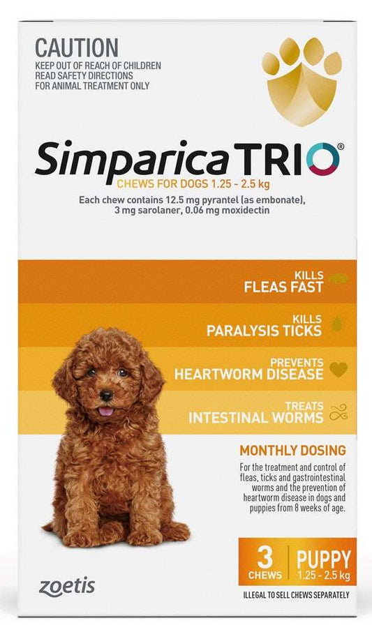 Simparica Trio Dog 1.3-2.5kg (Yellow) 3pk Pet Savers