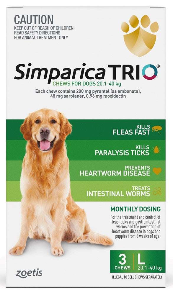 Simparica Trio Dog 20.1-40kg (Green) 3pk Pet Savers