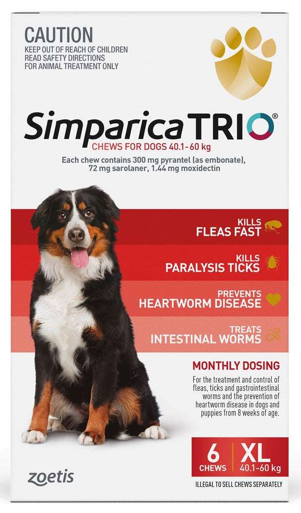 Simparica Trio Dog 40-1.60kg (Red) 6pk Pet Savers