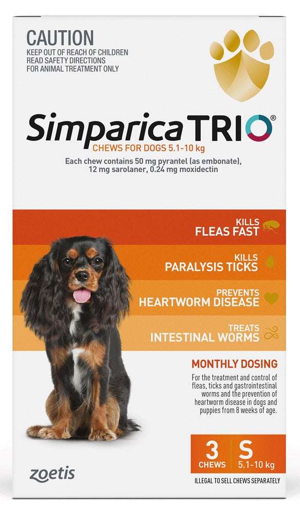 Simparica Trio Dog 5.1-10kg (Orange) 3pk Pet Savers